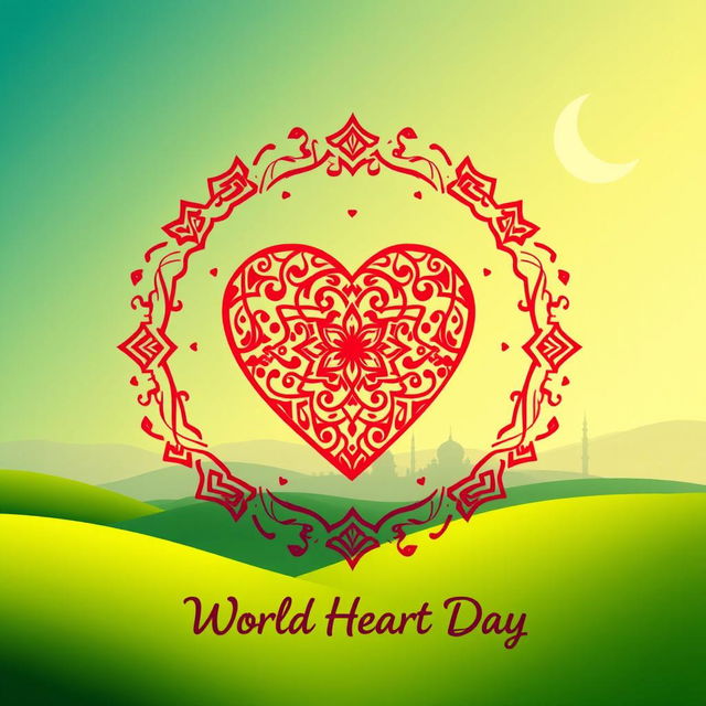 An artistic representation of World Heart Day in a harmonious Islamic setting, incorporating traditional Islamic art motifs with vibrant colors