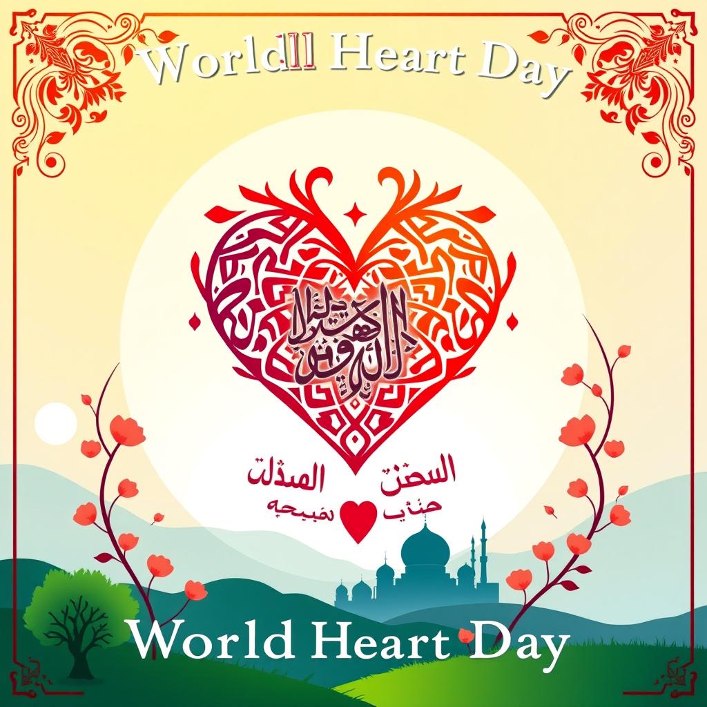 An artistic representation of World Heart Day in a harmonious Islamic setting, incorporating traditional Islamic art motifs with vibrant colors