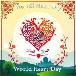 An artistic representation of World Heart Day in a harmonious Islamic setting, incorporating traditional Islamic art motifs with vibrant colors