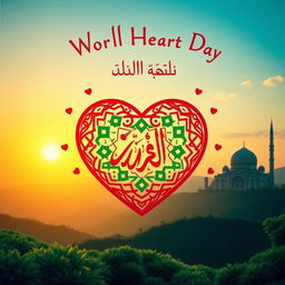 An artistic representation of World Heart Day in a harmonious Islamic setting, incorporating traditional Islamic art motifs with vibrant colors