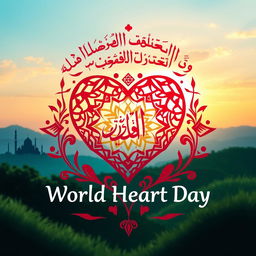 An artistic representation of World Heart Day in a harmonious Islamic setting, incorporating traditional Islamic art motifs with vibrant colors