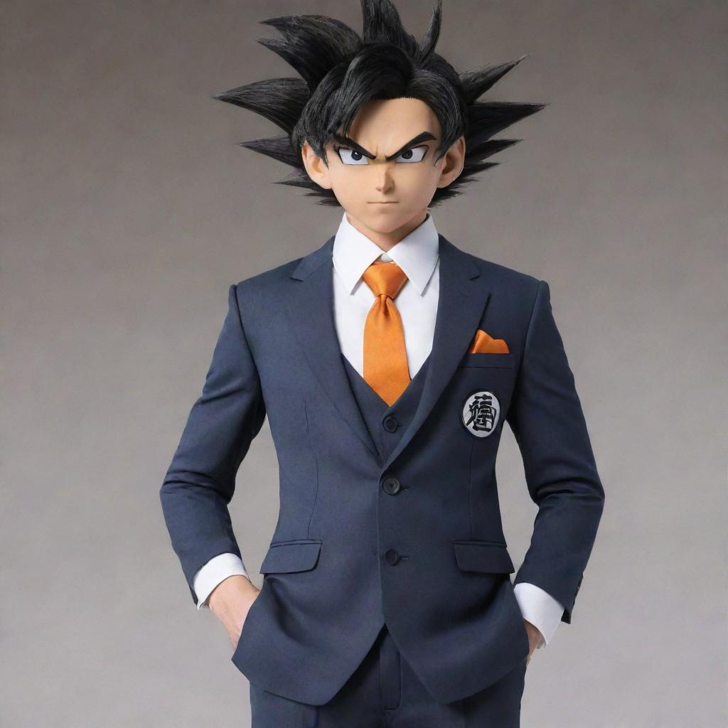 Dragon Ball's character Goku dressed in a dapper, sharp-looking suit.