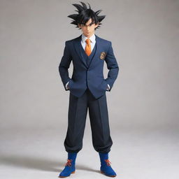 Dragon Ball's character Goku dressed in a dapper, sharp-looking suit.