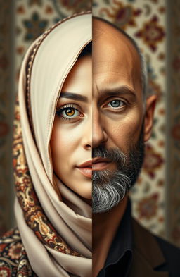 A striking and artistic portrait showcasing half of a Muslim woman's face adorned with a beautiful hijab and captivating features, transitioning seamlessly into half of a European man's face with distinct European characteristics