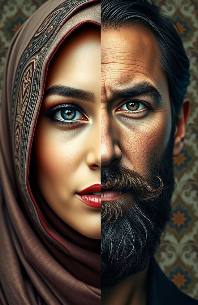 A striking and artistic portrait showcasing half of a Muslim woman's face adorned with a beautiful hijab and captivating features, transitioning seamlessly into half of a European man's face with distinct European characteristics