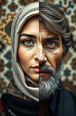 A striking and artistic portrait showcasing half of a Muslim woman's face adorned with a beautiful hijab and captivating features, transitioning seamlessly into half of a European man's face with distinct European characteristics