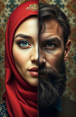 A striking and artistic portrait showcasing half of a Muslim woman's face adorned with a beautiful hijab and captivating features, transitioning seamlessly into half of a European man's face with distinct European characteristics