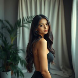 A serene portrait of a beautiful woman with long dark hair, showcasing an elegant and confident pose in a minimalistic setting that suggests natural beauty