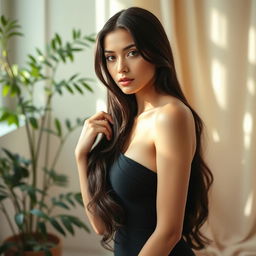 A serene portrait of a beautiful woman with long dark hair, showcasing an elegant and confident pose in a minimalistic setting that suggests natural beauty