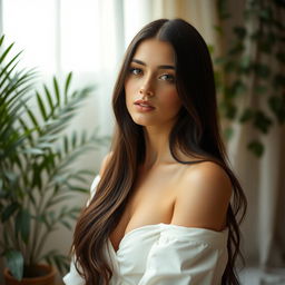 A serene portrait of a beautiful woman with long dark hair, showcasing an elegant and confident pose in a minimalistic setting that suggests natural beauty