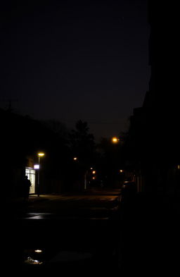A moody urban landscape at night, featuring a quiet street illuminated by soft glowing street lights