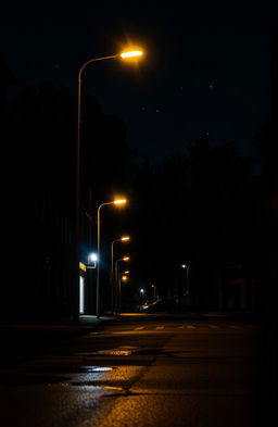 A moody urban landscape at night, featuring a quiet street illuminated by soft glowing street lights