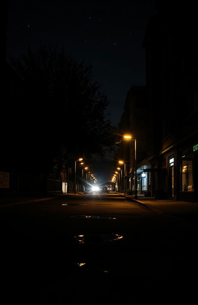 A moody urban landscape at night, featuring a quiet street illuminated by soft glowing street lights