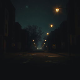 A moody urban landscape at night, depicting a quiet street illuminated by soft glowing street lights