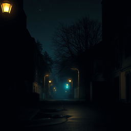 A moody urban landscape at night, depicting a quiet street illuminated by soft glowing street lights