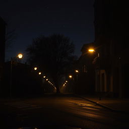 A moody urban landscape at night, depicting a quiet street illuminated by soft glowing street lights