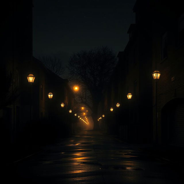 A moody urban landscape at night, depicting a quiet street illuminated by soft glowing street lights