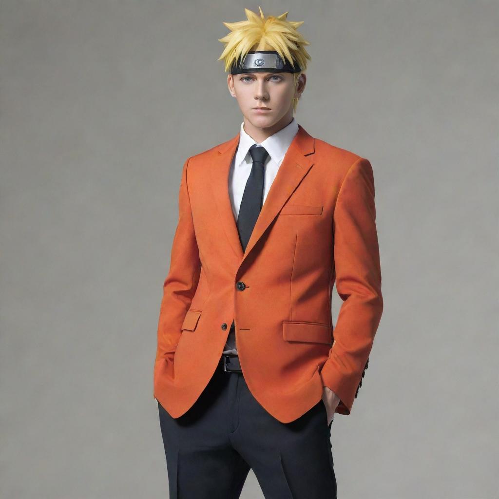 Naruto Uzumaki, from the anime Naruto, dressed in a classy, modern suit.