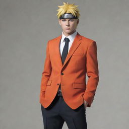 Naruto Uzumaki, from the anime Naruto, dressed in a classy, modern suit.