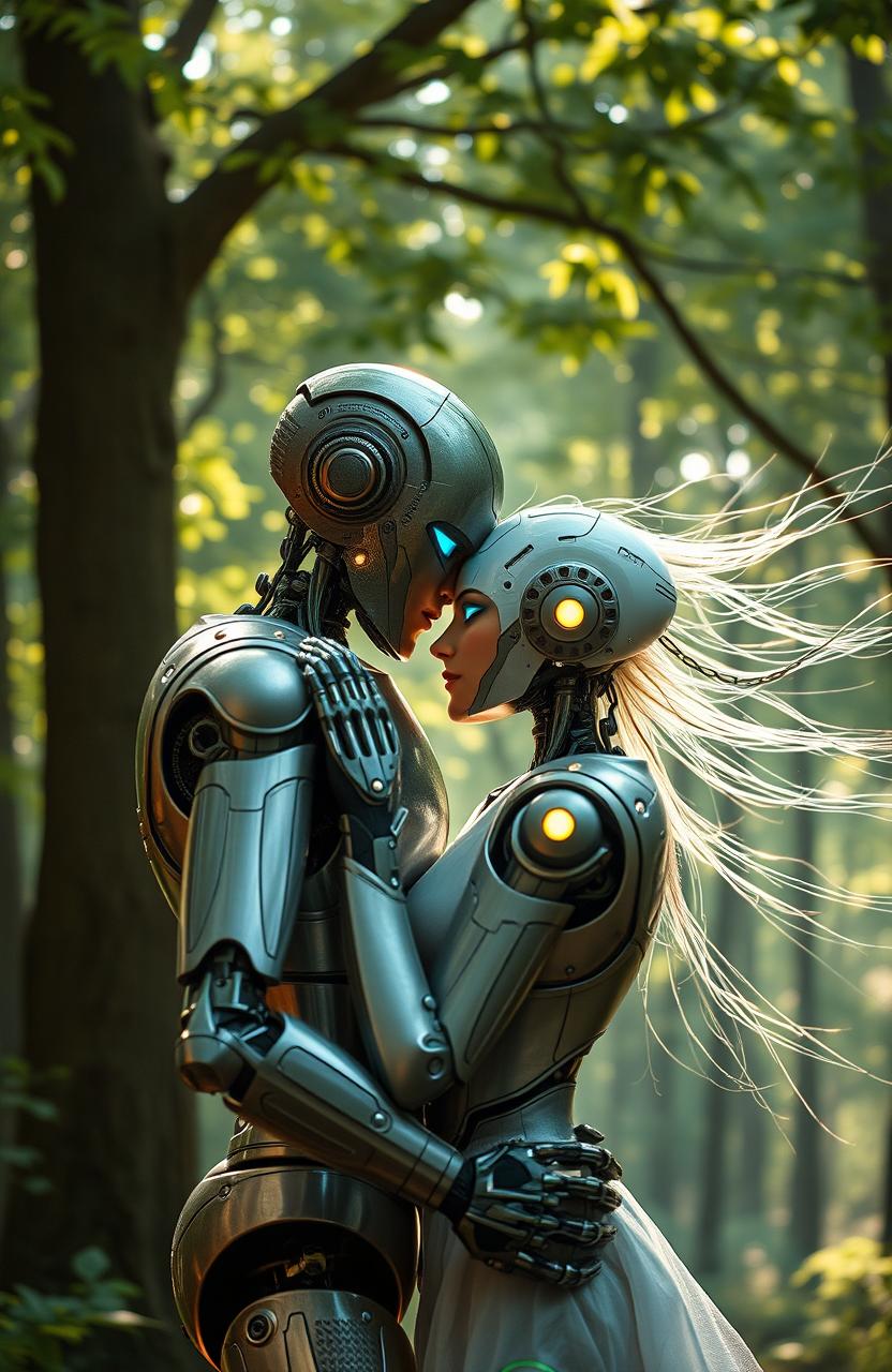 A romantic embrace between two windswept space robots, set against a mysterious forest backdrop