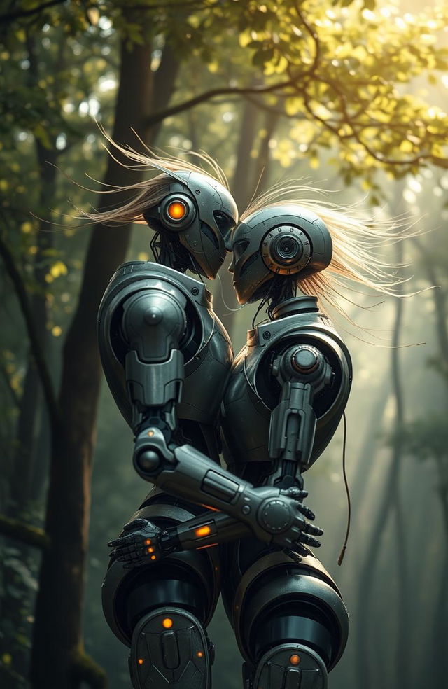 A romantic embrace between two windswept space robots, set against a mysterious forest backdrop