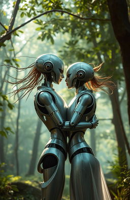 A romantic embrace between two windswept space robots, set against a mysterious forest backdrop