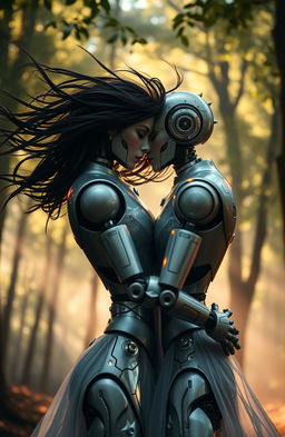 A romantic embrace between two windswept space robots, set against a mysterious forest backdrop