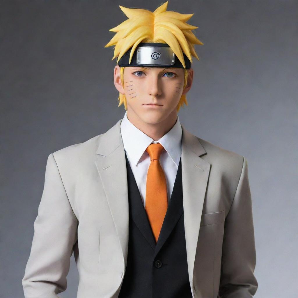 Naruto Uzumaki, from the anime Naruto, dressed in a classy, modern suit.