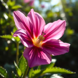 A beautifully detailed, hyper-realistic close-up of a blooming flower, depicting delicate petals in vibrant colors like deep purple and soft pink, surrounded by lush green foliage
