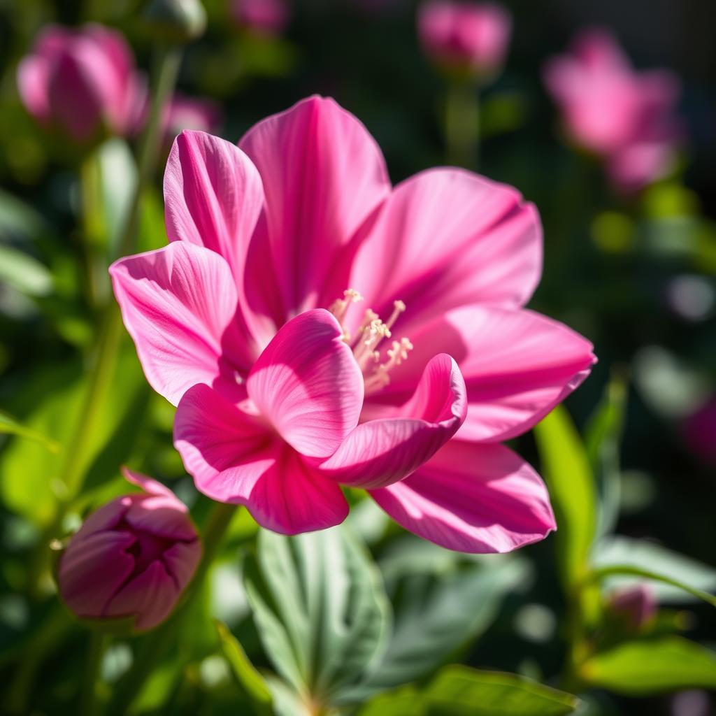 A beautifully detailed, hyper-realistic close-up of a blooming flower, depicting delicate petals in vibrant colors like deep purple and soft pink, surrounded by lush green foliage