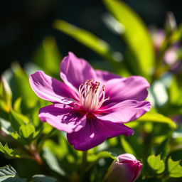A beautifully detailed, hyper-realistic close-up of a blooming flower, depicting delicate petals in vibrant colors like deep purple and soft pink, surrounded by lush green foliage