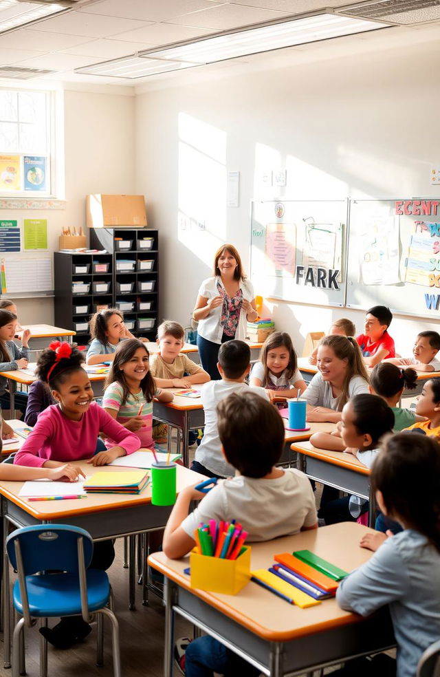 A vibrant and lively middle school classroom scene at the start of the school year, filled with excited students of diverse backgrounds, sitting at desks with colorful school supplies scattered around