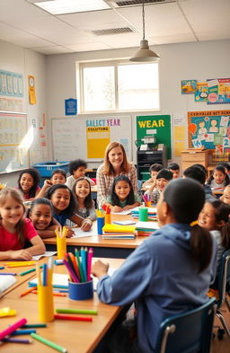 A vibrant and lively middle school classroom scene at the start of the school year, filled with excited students of diverse backgrounds, sitting at desks with colorful school supplies scattered around