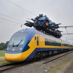 A highly advanced electric train transforming into an awe-inspiring Transformer. As the train segments shift, they procure the Transformer's sturdy frame, with the cockpit becoming its head, and the pantograph transforming into a dynamic electrical weapon