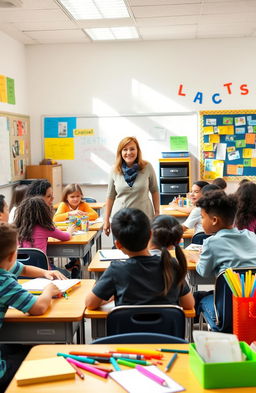 A vibrant and lively middle school classroom scene at the start of the school year, filled with excited students of diverse backgrounds, sitting at desks with colorful school supplies scattered around