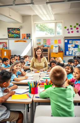 A vibrant and lively middle school classroom scene at the start of the school year, filled with excited students of diverse backgrounds, sitting at desks with colorful school supplies scattered around