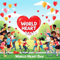 A vibrant and engaging illustration for World Heart Day, showcasing a large red heart symbol at the center, surrounded by diverse people of different ethnicities and ages, all smiling and engaging in heart-healthy activities such as jogging, cycling, and eating healthy foods like fruits and vegetables