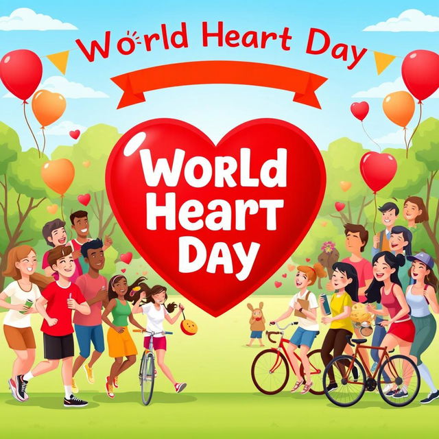 A vibrant and engaging illustration for World Heart Day, showcasing a large red heart symbol at the center, surrounded by diverse people of different ethnicities and ages, all smiling and engaging in heart-healthy activities such as jogging, cycling, and eating healthy foods like fruits and vegetables