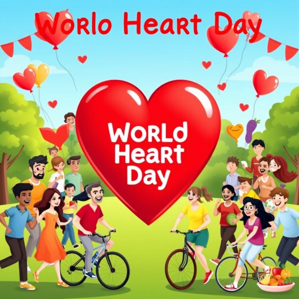 A vibrant and engaging illustration for World Heart Day, showcasing a large red heart symbol at the center, surrounded by diverse people of different ethnicities and ages, all smiling and engaging in heart-healthy activities such as jogging, cycling, and eating healthy foods like fruits and vegetables