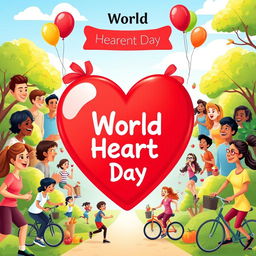 A vibrant and engaging illustration for World Heart Day, showcasing a large red heart symbol at the center, surrounded by diverse people of different ethnicities and ages, all smiling and engaging in heart-healthy activities such as jogging, cycling, and eating healthy foods like fruits and vegetables
