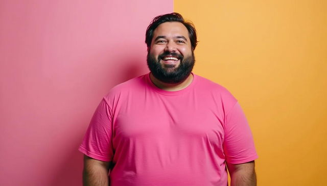 A cheerful fat man wearing a bright pink t-shirt, smiling and exuding positivity