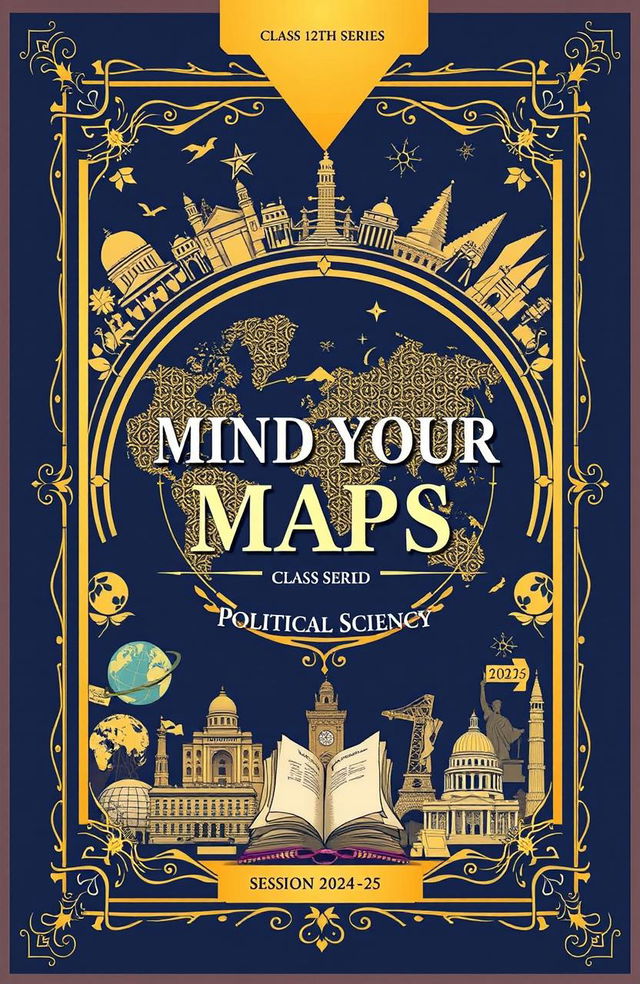 A visually appealing cover design for a test series book titled 'MIND YOUR MAPS' for Class 12th CBSE Board, focusing on the subject of Political Science for the session 2024-25