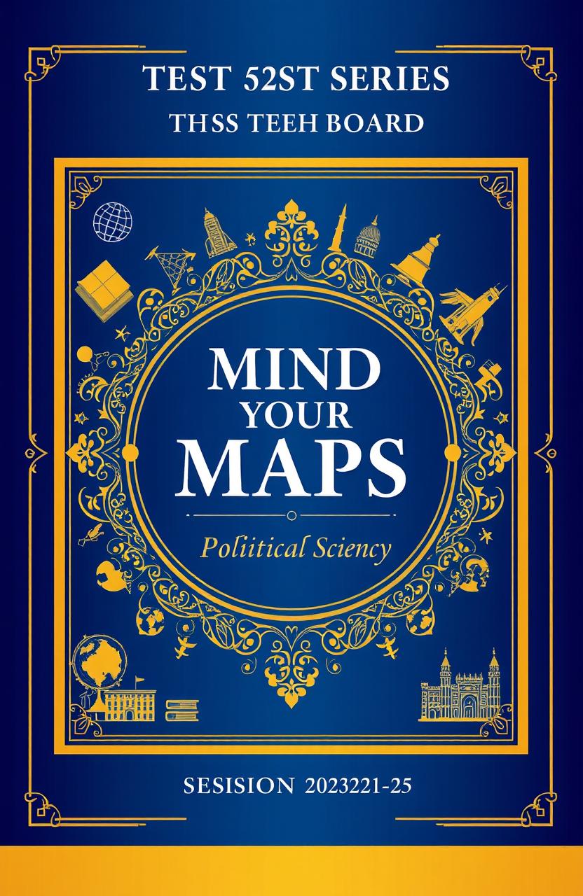 A visually appealing cover design for a test series book titled 'MIND YOUR MAPS' for Class 12th CBSE Board, focusing on the subject of Political Science for the session 2024-25