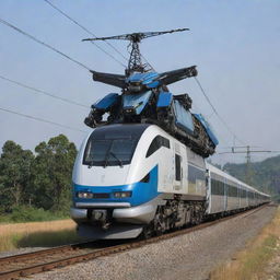 A highly advanced electric train transforming into an awe-inspiring Transformer. As the train segments shift, they procure the Transformer's sturdy frame, with the cockpit becoming its head, and the pantograph transforming into a dynamic electrical weapon