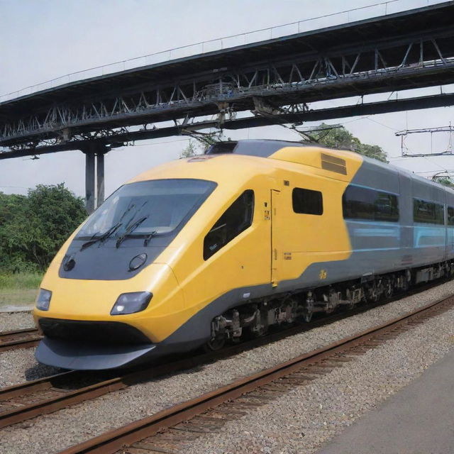 A highly advanced electric train transforming into an awe-inspiring Transformer. As the train segments shift, they procure the Transformer's sturdy frame, with the cockpit becoming its head, and the pantograph transforming into a dynamic electrical weapon