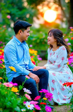 A romantic scene titled 'Cinta di Antara Jarak dan Impian' featuring a man and a woman sitting together in a beautifully lush garden