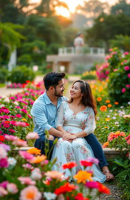 A romantic scene titled 'Cinta di Antara Jarak dan Impian' featuring a man and a woman sitting together in a beautifully lush garden