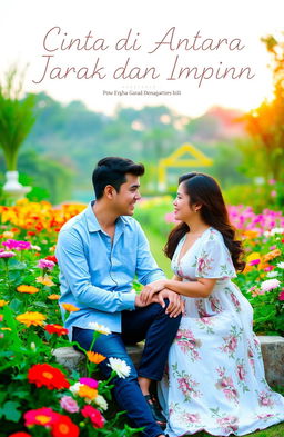 A romantic scene titled 'Cinta di Antara Jarak dan Impian' featuring a man and a woman sitting together in a beautifully lush garden