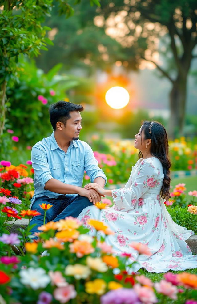 A romantic scene titled 'Cinta di Antara Jarak dan Impian' featuring a man and a woman sitting together in a beautifully lush garden