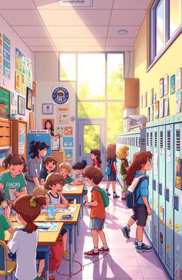 A vibrant illustration of a middle school setting, filled with nostalgic elements that capture the essence of childhood dreams